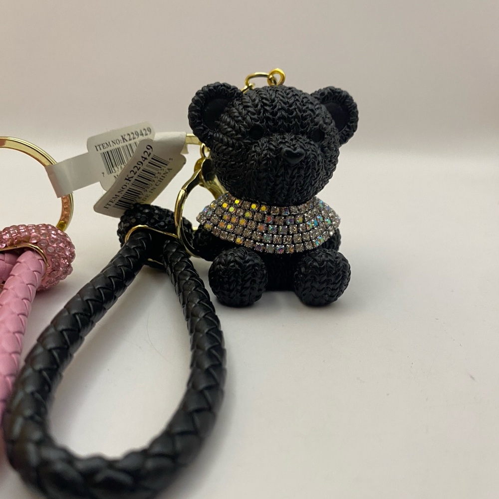 Rhinestone Teddy Bear Keychain Set Pink & Black | Bling Bag Charm Duo - Picture 3 of 7